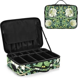 William Morris White Flowers, Yellow Flowers, Green Foliage Leaves Women's Portable Makeup Bag with Handle, Cosmetic Bag, Adjustable Dividers, Travel Cosmetic Toiletry Storage Organizer for women