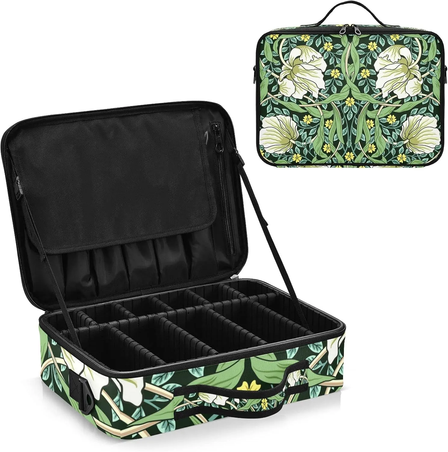William Morris White Flowers, Yellow Flowers, Green Foliage Leaves Women's Portable Makeup Bag with Handle, Cosmetic Bag, Adjustable Dividers, Travel Cosmetic Toiletry Storage Organizer for women