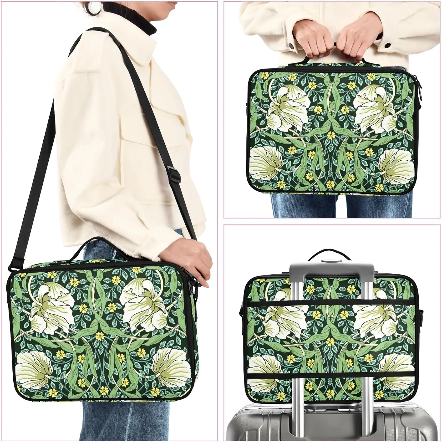 William Morris White Flowers, Yellow Flowers, Green Foliage Leaves Women's Portable Makeup Bag with Handle, Cosmetic Bag, Adjustable Dividers, Travel Cosmetic Toiletry Storage Organizer for women