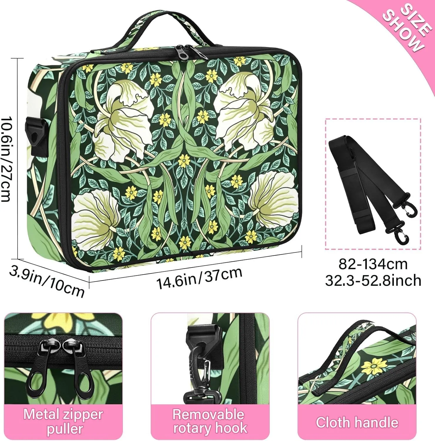 William Morris White Flowers, Yellow Flowers, Green Foliage Leaves Women's Portable Makeup Bag with Handle, Cosmetic Bag, Adjustable Dividers, Travel Cosmetic Toiletry Storage Organizer for women
