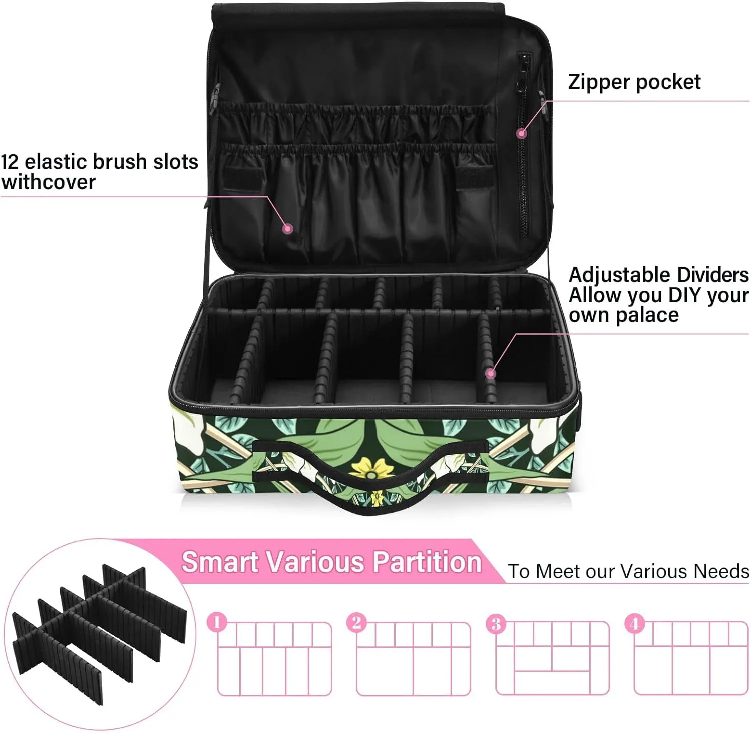 William Morris White Flowers, Yellow Flowers, Green Foliage Leaves Women's Portable Makeup Bag with Handle, Cosmetic Bag, Adjustable Dividers, Travel Cosmetic Toiletry Storage Organizer for women