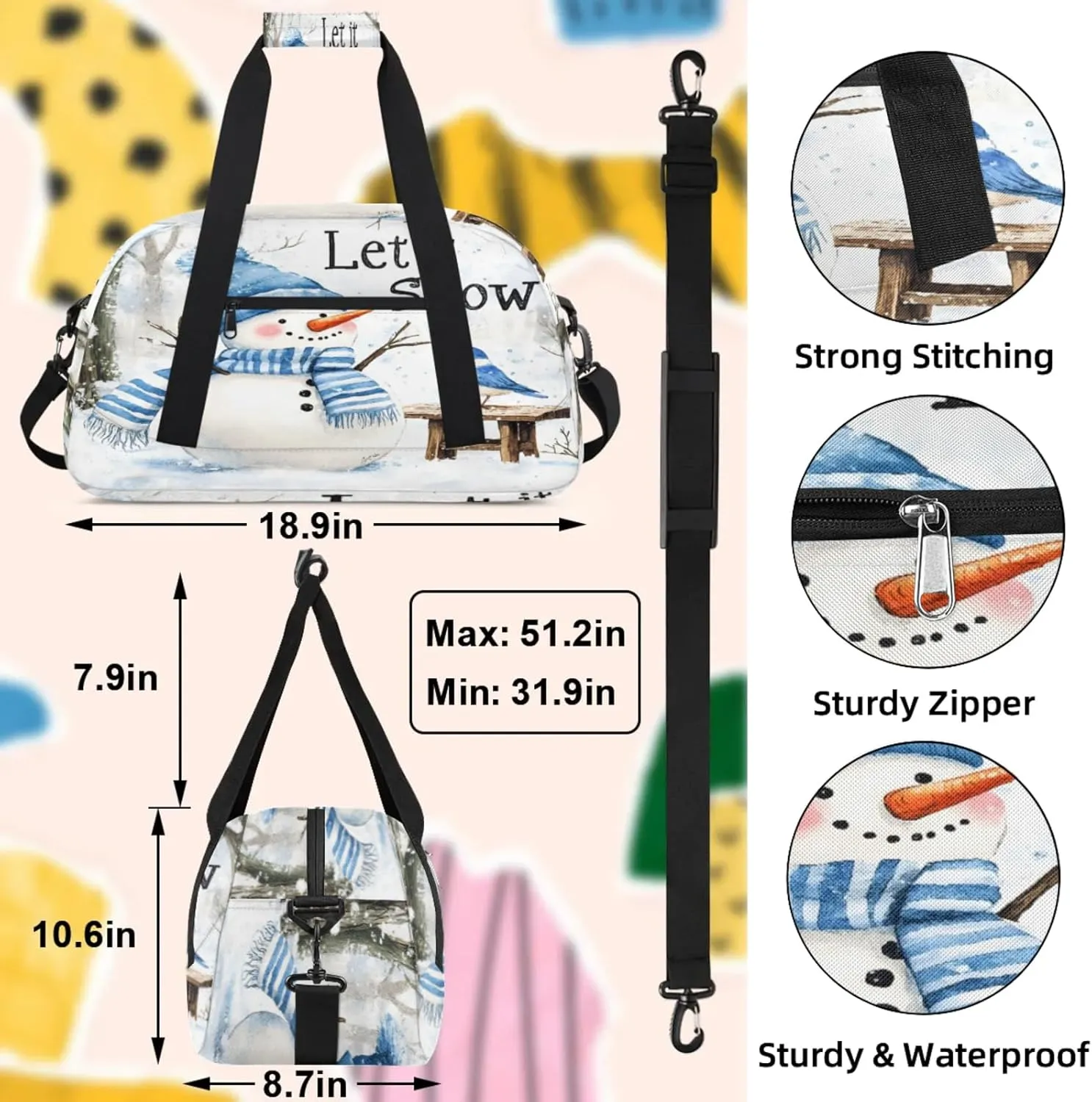 Winter Snowman Bird Small Gym Bag 18 inch Carry On Duffel Bag for Weekender Travel Sports Workout Yoga Gymnastics Dance Ballet