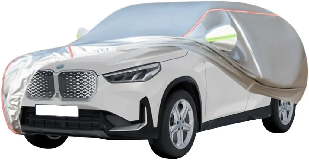 WOLWES Car Cover are Suitable for BMW iX1 eDrive20 All-Weather Windproof, Snowproof, Rainproof, UV-Protected and Breathable All-Season Universal with Side Door Zip Oxford Cloth Car Cover (Color : WHI