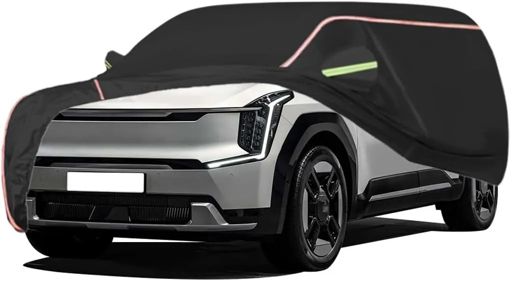 WOLWES Car Cover are Suitable for Kia EV9 All-Weather Windproof, Snowproof, Rainproof, UV-Protected and Breathable All-Season Universal with Side Door Zip Oxford Cloth Car Cover (Color : Black)