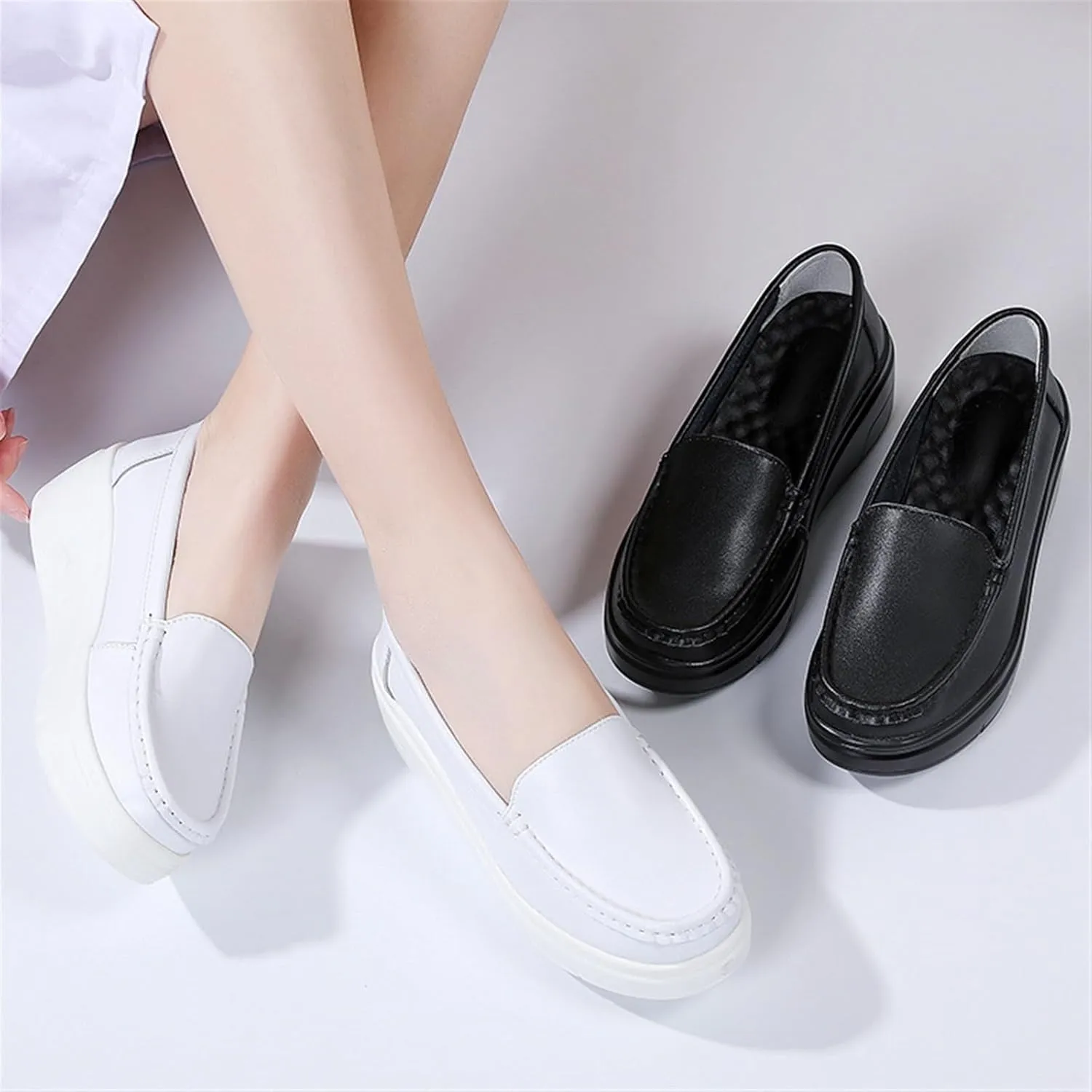 Women Moccasins, Women's Slip-On Breathable Platform Nurse Hospital Work Leather, Casual Air Cushion Slip Resistant Shoes Loafers, Ideal for Nurse Healthcare Crews