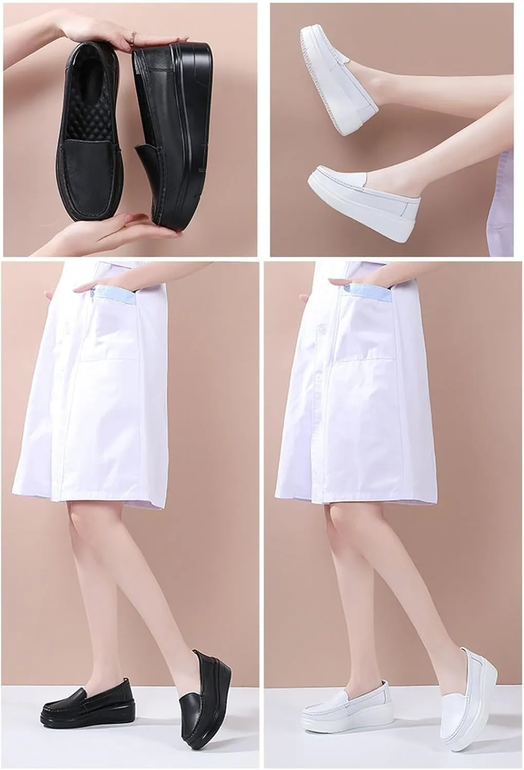 Women Moccasins, Women's Slip-On Breathable Platform Nurse Hospital Work Leather, Casual Air Cushion Slip Resistant Shoes Loafers, Ideal for Nurse Healthcare Crews