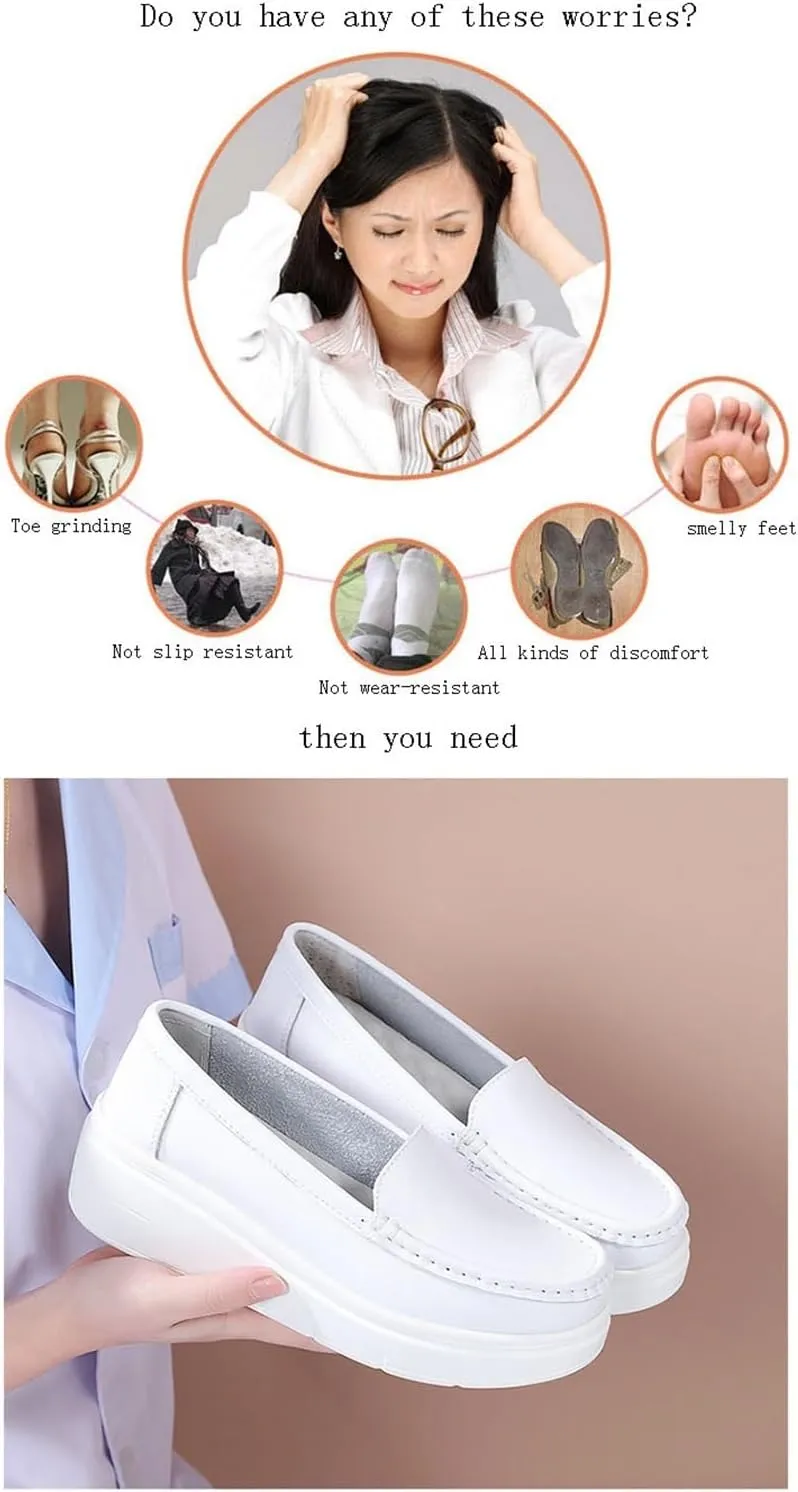 Women Moccasins, Women's Slip-On Breathable Platform Nurse Hospital Work Leather, Casual Air Cushion Slip Resistant Shoes Loafers, Ideal for Nurse Healthcare Crews