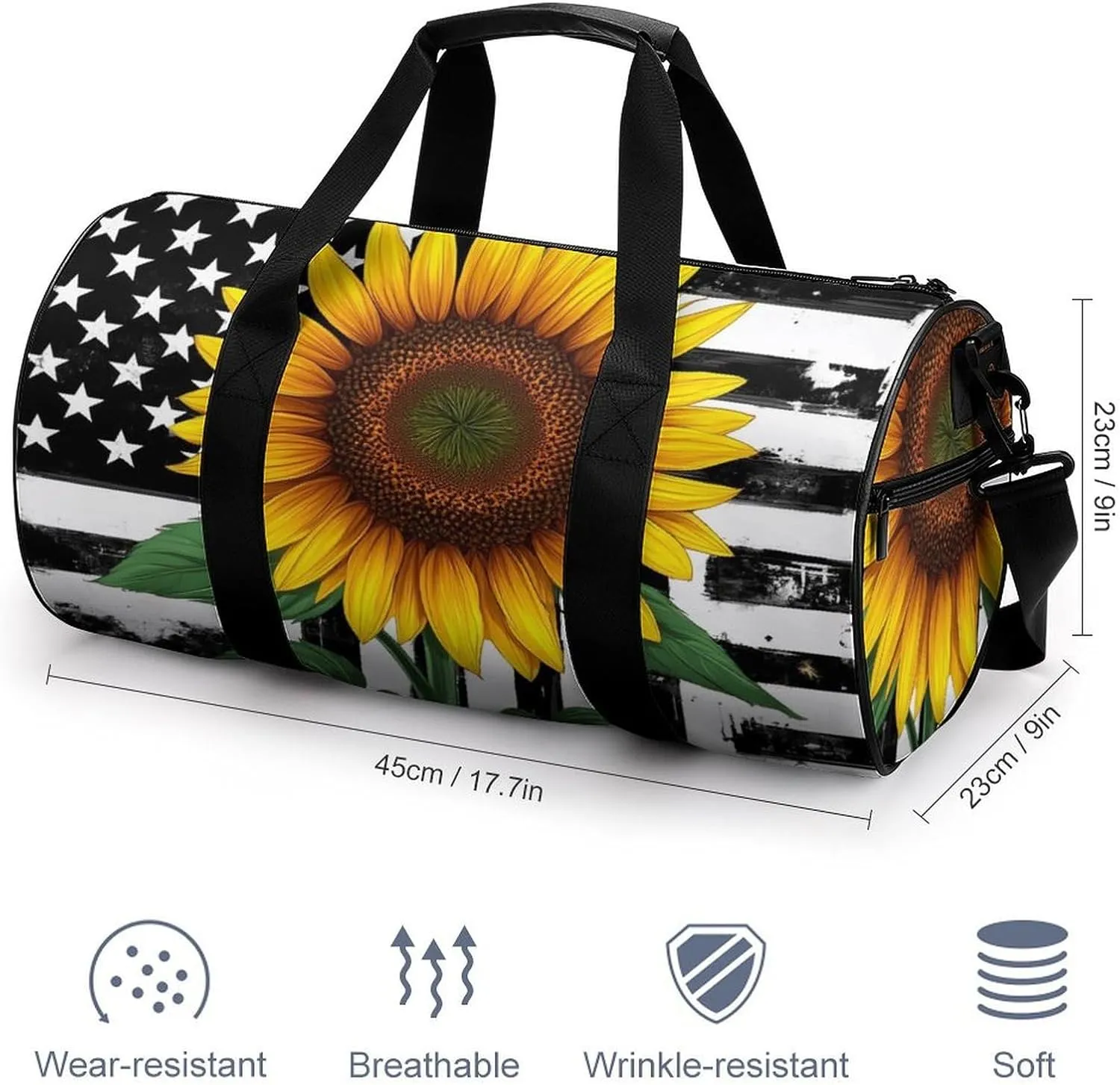 Women Sport Gym Duffle Bag, Portable Overnight Weekender Handbag Black And White American Flag Sunflower Art Yoga Bags with Wet Pocket for Fitness Travel