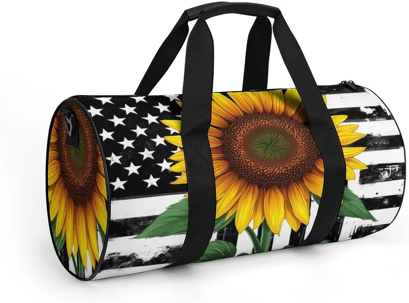 Women Sport Gym Duffle Bag, Portable Overnight Weekender Handbag Black And White American Flag Sunflower Art Yoga Bags with Wet Pocket for Fitness Travel