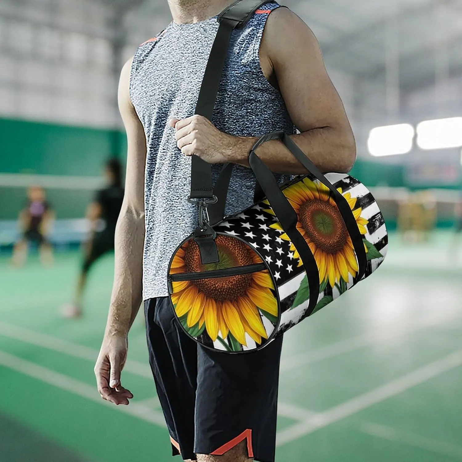 Women Sport Gym Duffle Bag, Portable Overnight Weekender Handbag Black And White American Flag Sunflower Art Yoga Bags with Wet Pocket for Fitness Travel