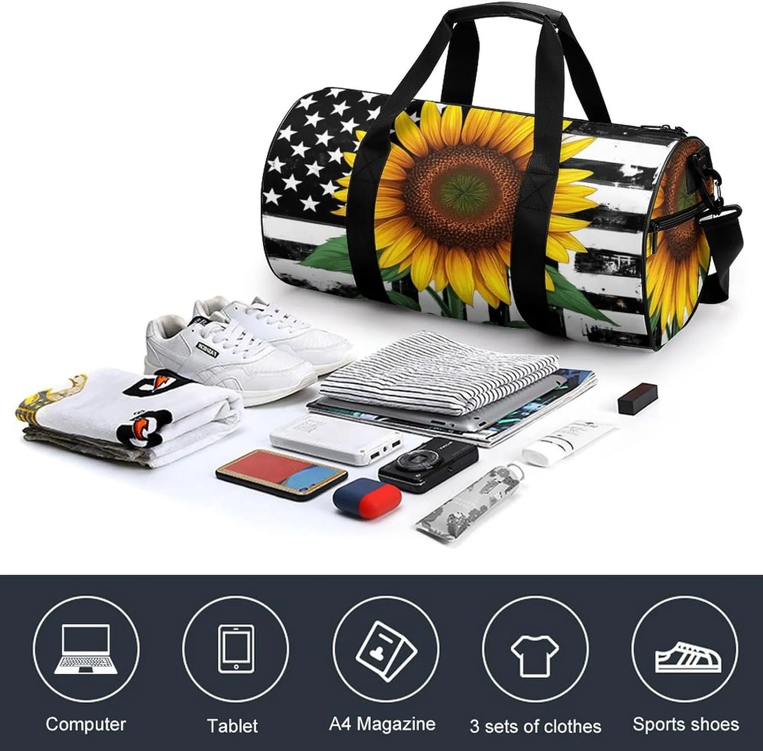 Women Sport Gym Duffle Bag, Portable Overnight Weekender Handbag Black And White American Flag Sunflower Art Yoga Bags with Wet Pocket for Fitness Travel