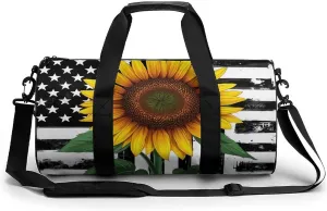 Women Sport Gym Duffle Bag, Portable Overnight Weekender Handbag Black And White American Flag Sunflower Art Yoga Bags with Wet Pocket for Fitness Travel