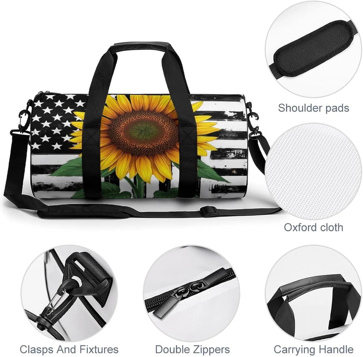 Women Sport Gym Duffle Bag, Portable Overnight Weekender Handbag Black And White American Flag Sunflower Art Yoga Bags with Wet Pocket for Fitness Travel