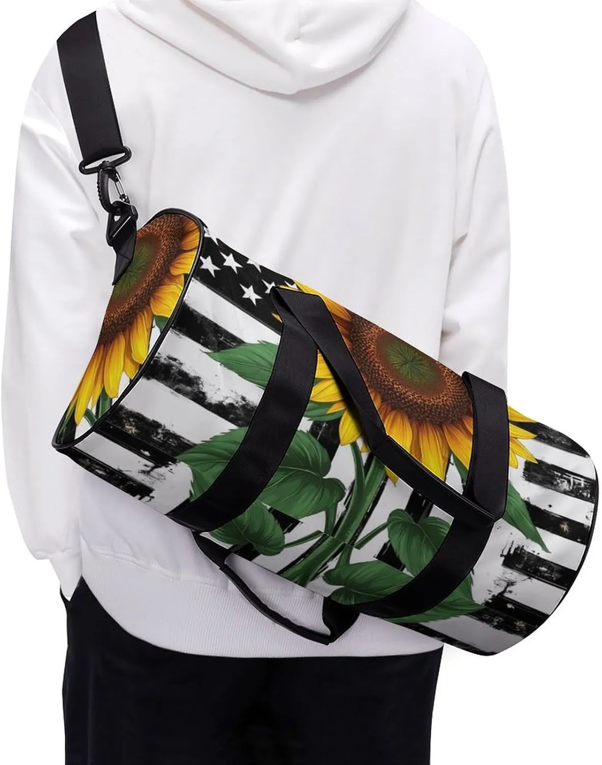 Women Sport Gym Duffle Bag, Portable Overnight Weekender Handbag Black And White American Flag Sunflower Art Yoga Bags with Wet Pocket for Fitness Travel