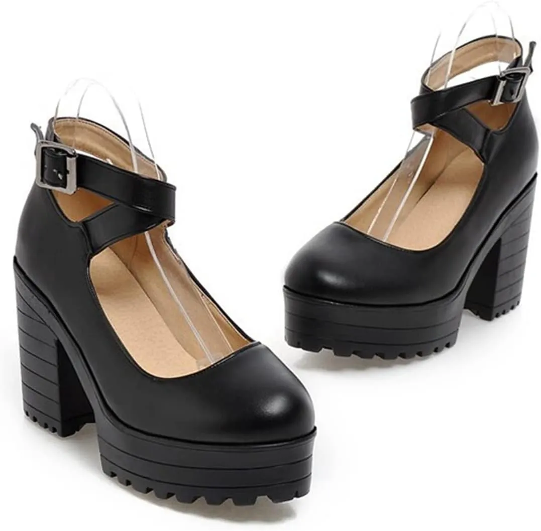 Womens Chunky High Heel Oxford Pumps Round Toe Ankle Cross Strap Fashion Leather Platform Dress Shoes