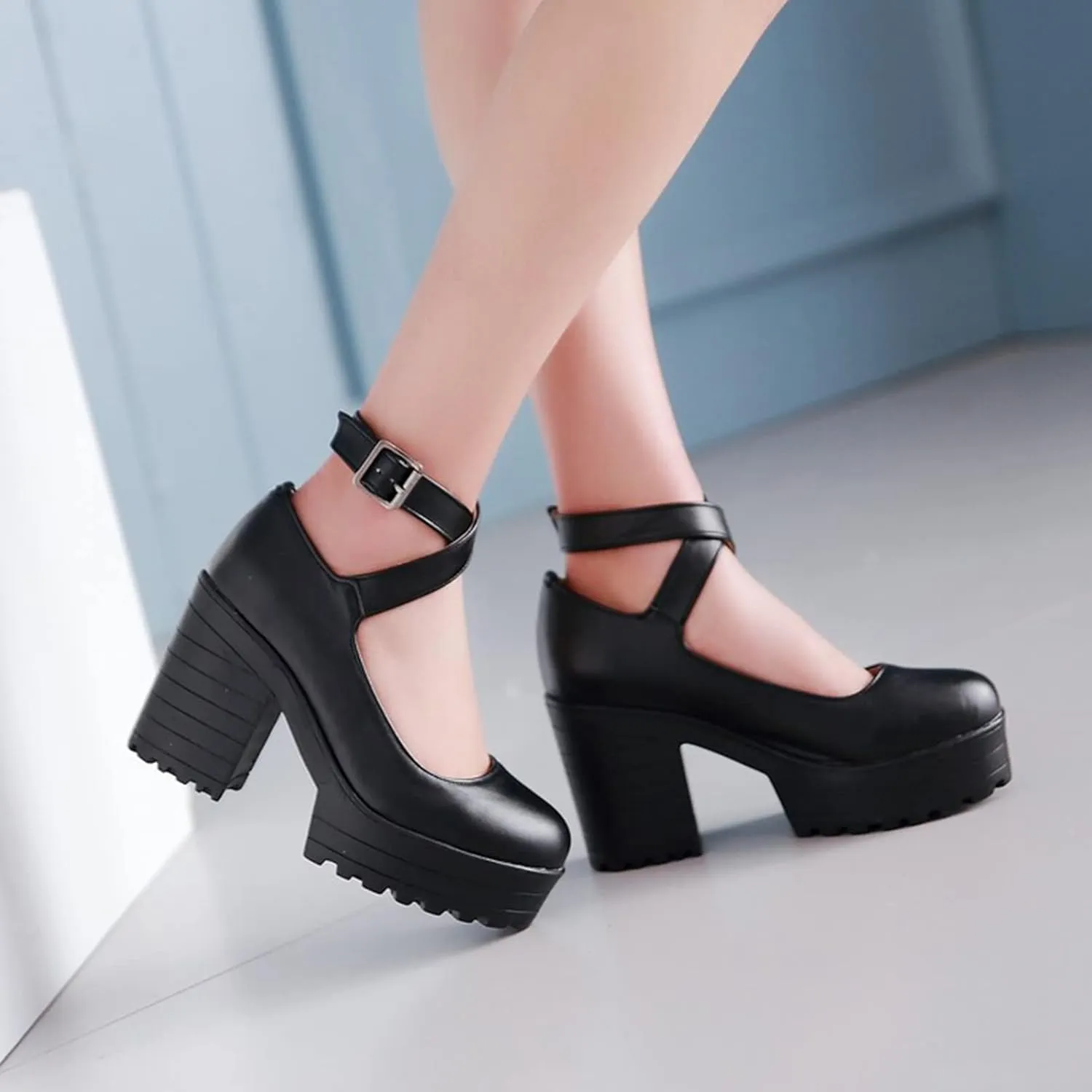 Womens Chunky High Heel Oxford Pumps Round Toe Ankle Cross Strap Fashion Leather Platform Dress Shoes