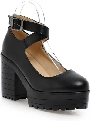 Womens Chunky High Heel Oxford Pumps Round Toe Ankle Cross Strap Fashion Leather Platform Dress Shoes