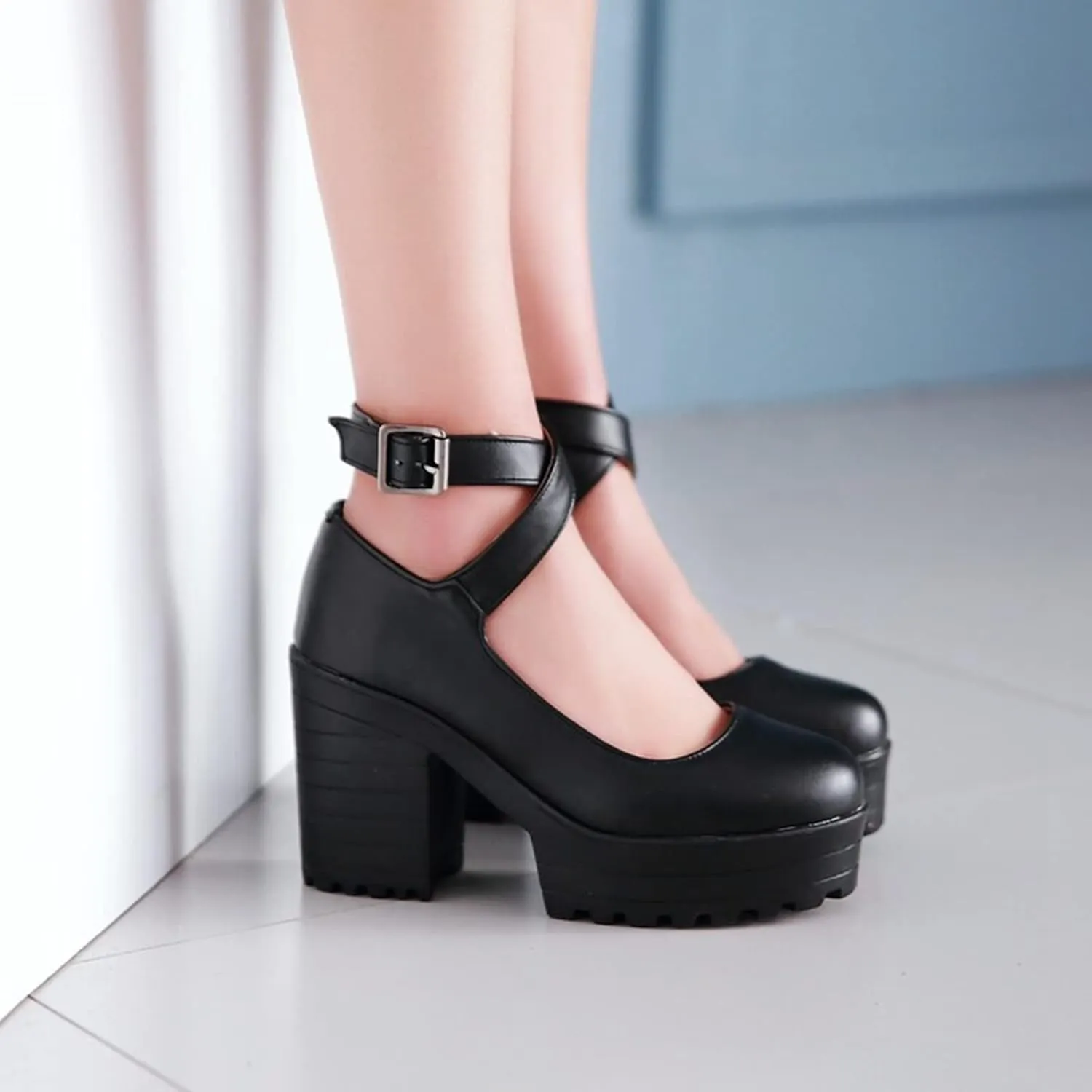 Womens Chunky High Heel Oxford Pumps Round Toe Ankle Cross Strap Fashion Leather Platform Dress Shoes