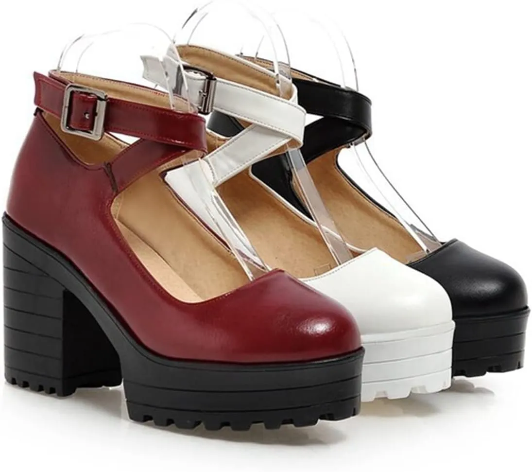 Womens Chunky High Heel Oxford Pumps Round Toe Ankle Cross Strap Fashion Leather Platform Dress Shoes