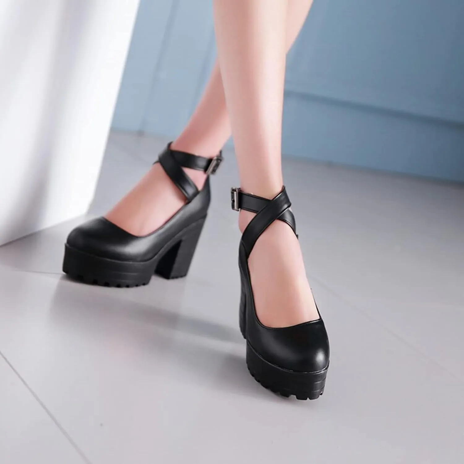 Womens Chunky High Heel Oxford Pumps Round Toe Ankle Cross Strap Fashion Leather Platform Dress Shoes