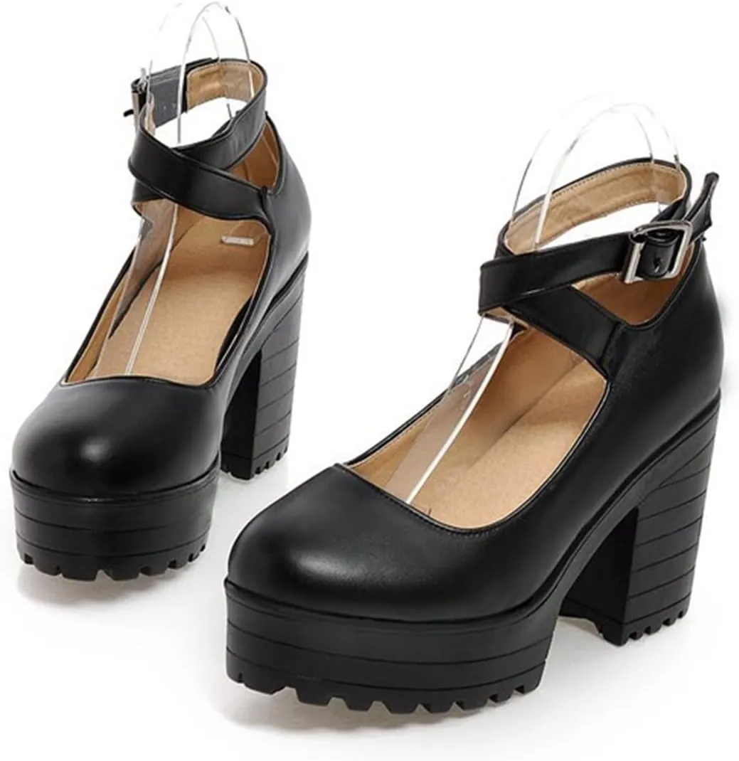 Womens Chunky High Heel Oxford Pumps Round Toe Ankle Cross Strap Fashion Leather Platform Dress Shoes