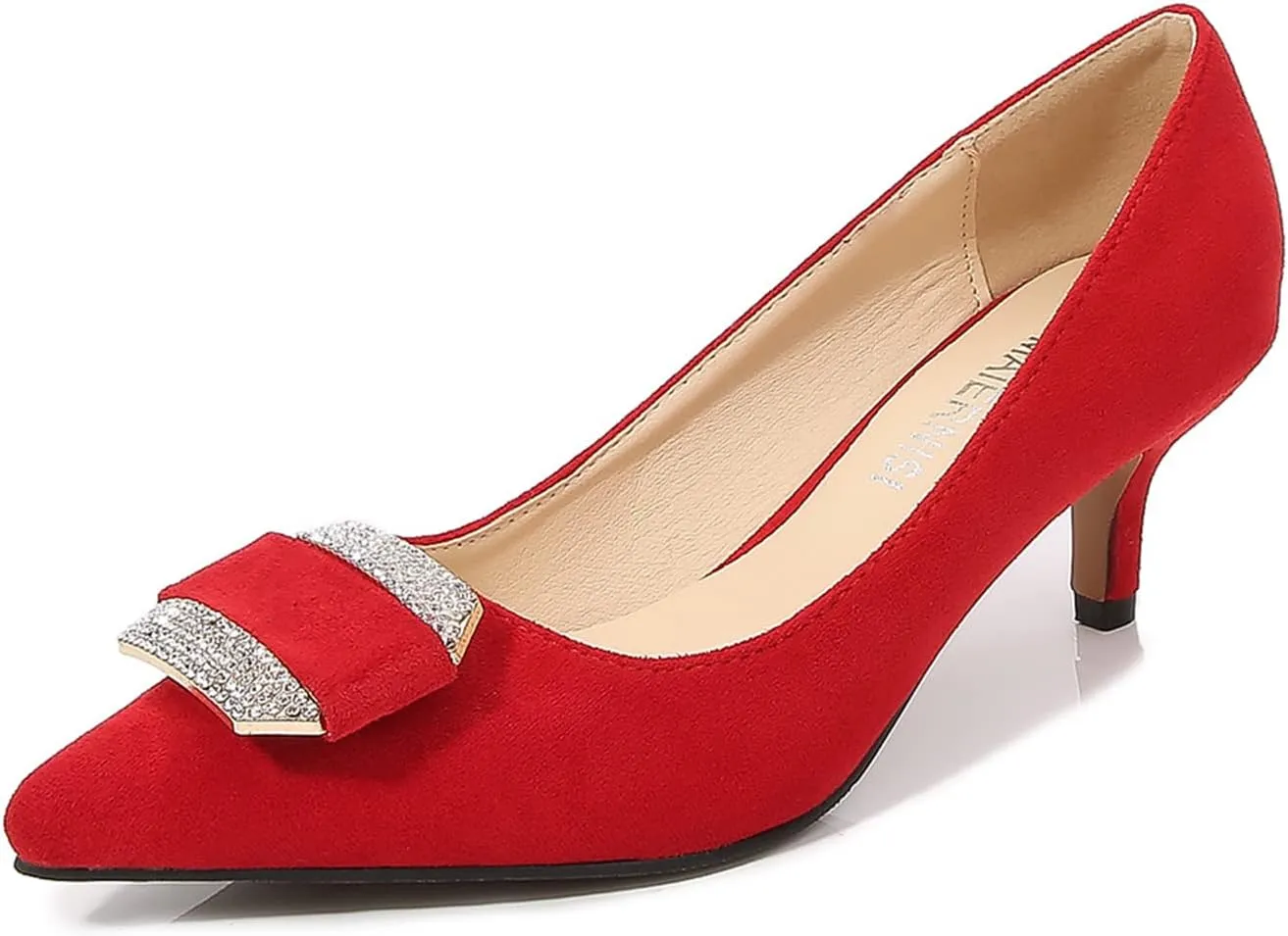 Women's Classic Suede Pointed Toe Kitten Heels Slim Slip on High Heel Pumps with Big Rhinestone Buckle Office Work Dress Shoes Low Heels,Red,44