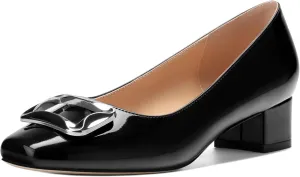 Womens Low Chunky Block Heels, Square Toe Patent Closed Toe Pumps Dress Party Wedding Shoes 1.5 Inch