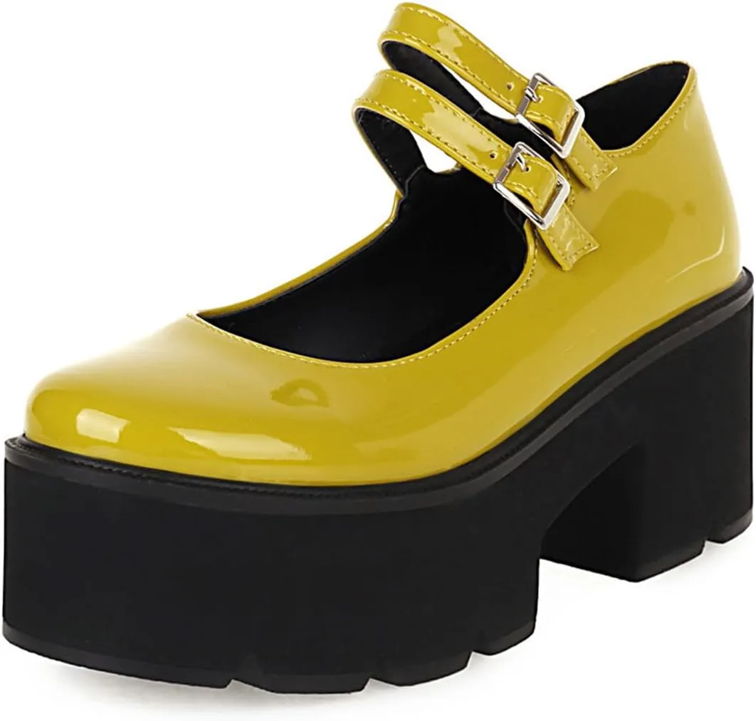 Women's Patent Leather Platform Mary Jane Shoes,Retro Round Toe Two-Strap Buckle Low Heel Chunky Pumps Lug Sole Dress Shoes