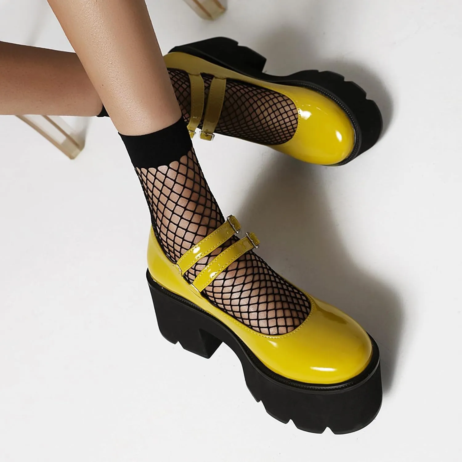 Women's Patent Leather Platform Mary Jane Shoes,Retro Round Toe Two-Strap Buckle Low Heel Chunky Pumps Lug Sole Dress Shoes