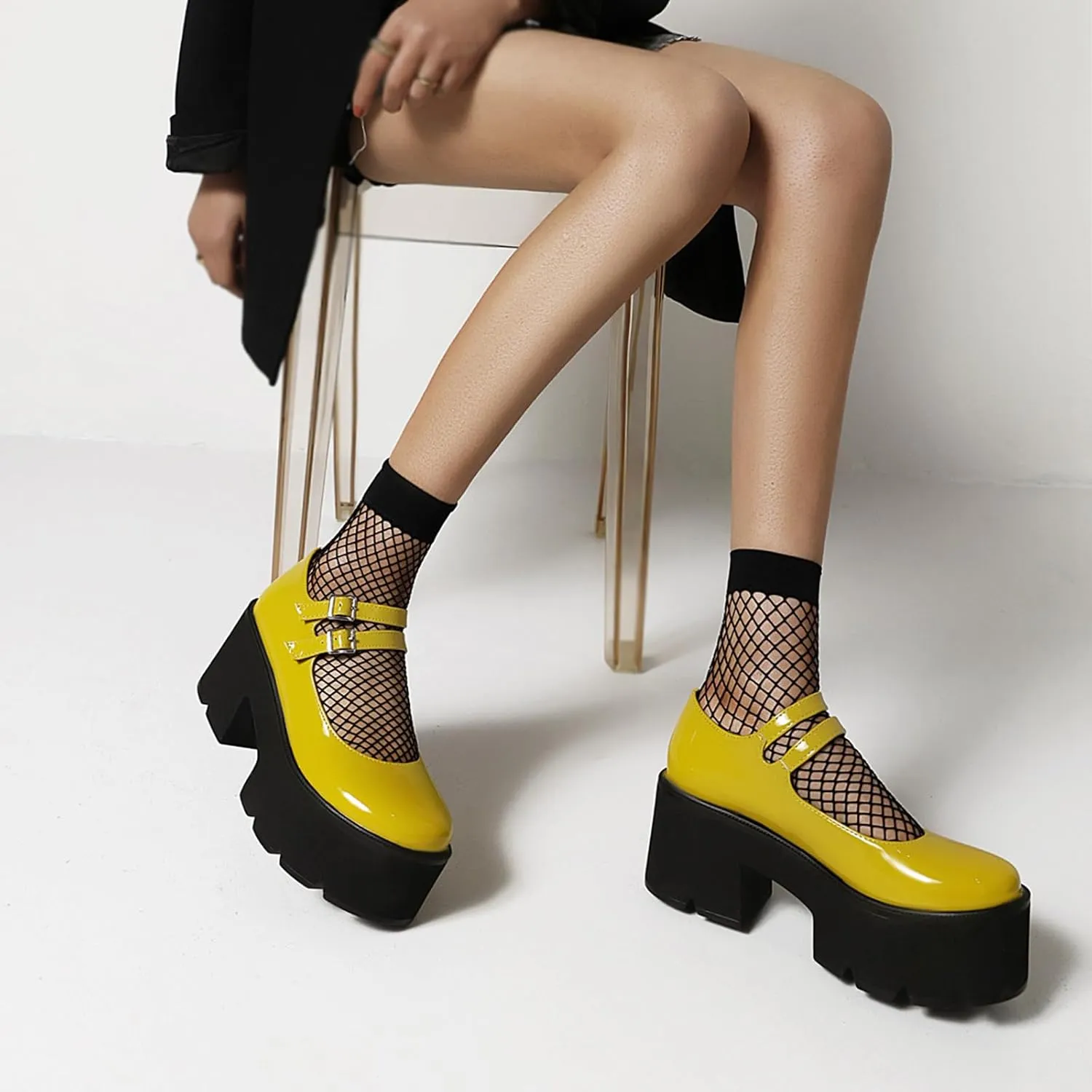 Women's Patent Leather Platform Mary Jane Shoes,Retro Round Toe Two-Strap Buckle Low Heel Chunky Pumps Lug Sole Dress Shoes