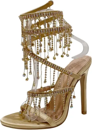 Women's Rhinestone Tasseled Stiletto High Heels Sandals Sexy Round Open Toe Wrap Around Ankle Strap Wedding Prom Party Dress Pumps Shoes