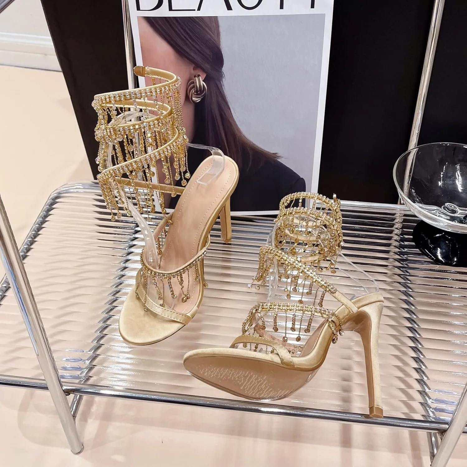 Women's Rhinestone Tasseled Stiletto High Heels Sandals Sexy Round Open Toe Wrap Around Ankle Strap Wedding Prom Party Dress Pumps Shoes
