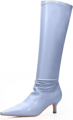 Women's Sexy kitten Heel Knee High Boots Stiletto Heel Square Toe Slip On Thigh High Boots