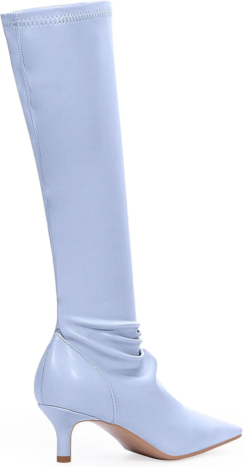 Women's Sexy kitten Heel Knee High Boots Stiletto Heel Square Toe Slip On Thigh High Boots