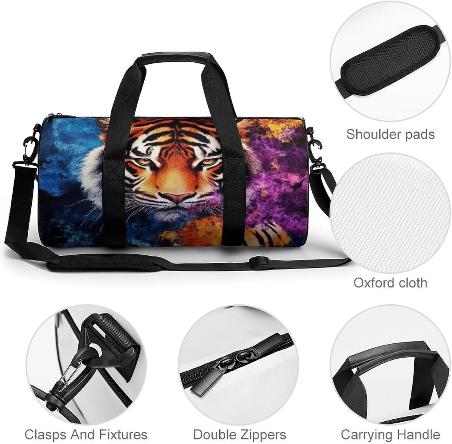 Womens Sports Gym Tote Bag Waterproof Weekender Overnight Handbag Wild Angry Tiger Art Duffel Bag for Yoga Sport Travel