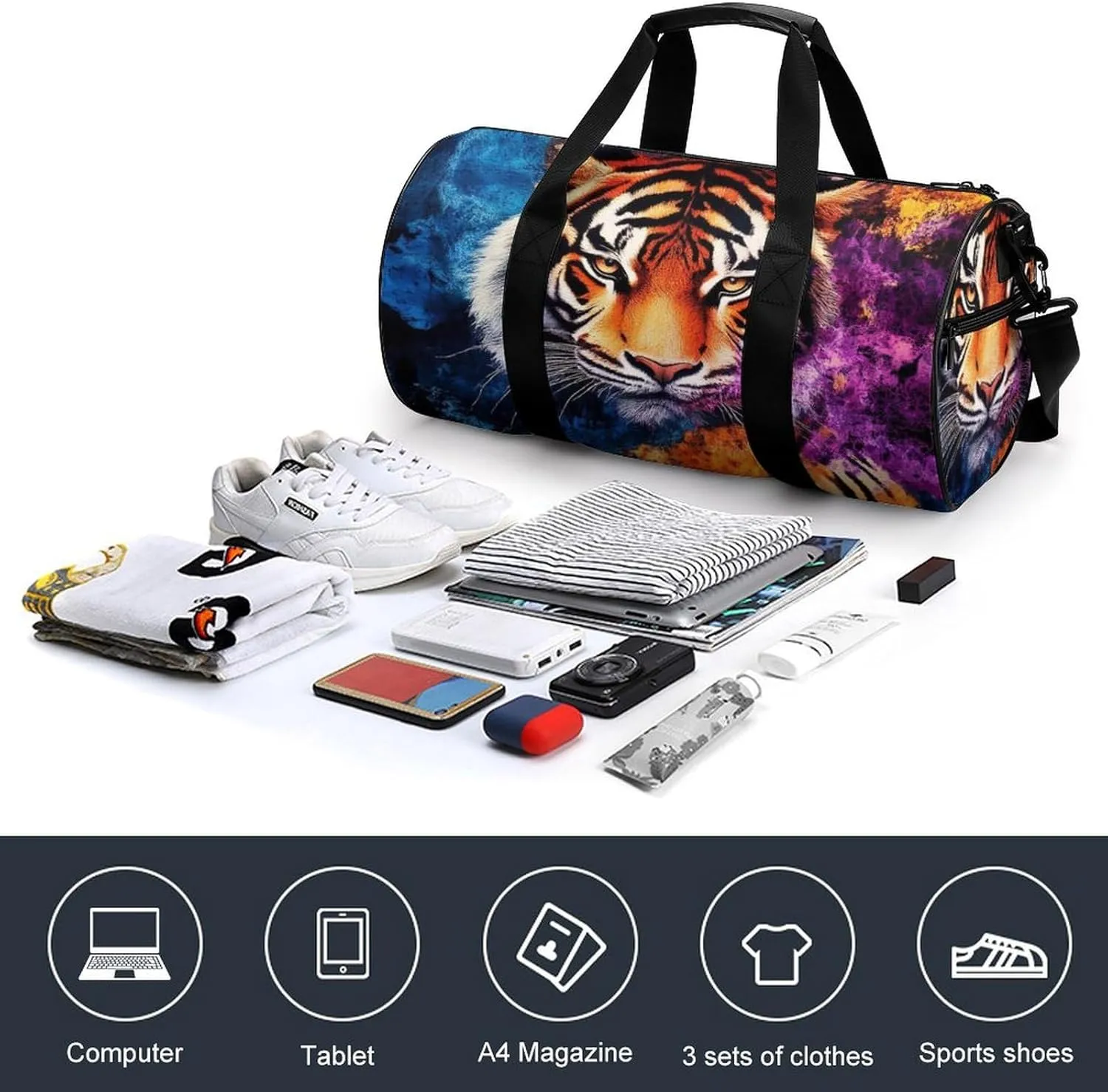 Womens Sports Gym Tote Bag Waterproof Weekender Overnight Handbag Wild Angry Tiger Art Duffel Bag for Yoga Sport Travel