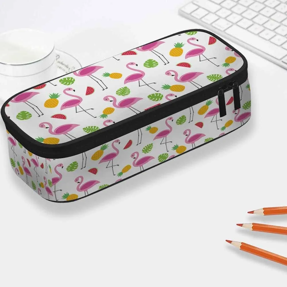Yekiua Flamingos Pencil Holder Tropical Palm Pineapples Watermelons Big Capacity Pencil Case Multi-Purpose Makeup Pouch For Office College Adult
