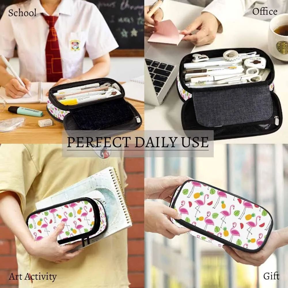 Yekiua Flamingos Pencil Holder Tropical Palm Pineapples Watermelons Big Capacity Pencil Case Multi-Purpose Makeup Pouch For Office College Adult
