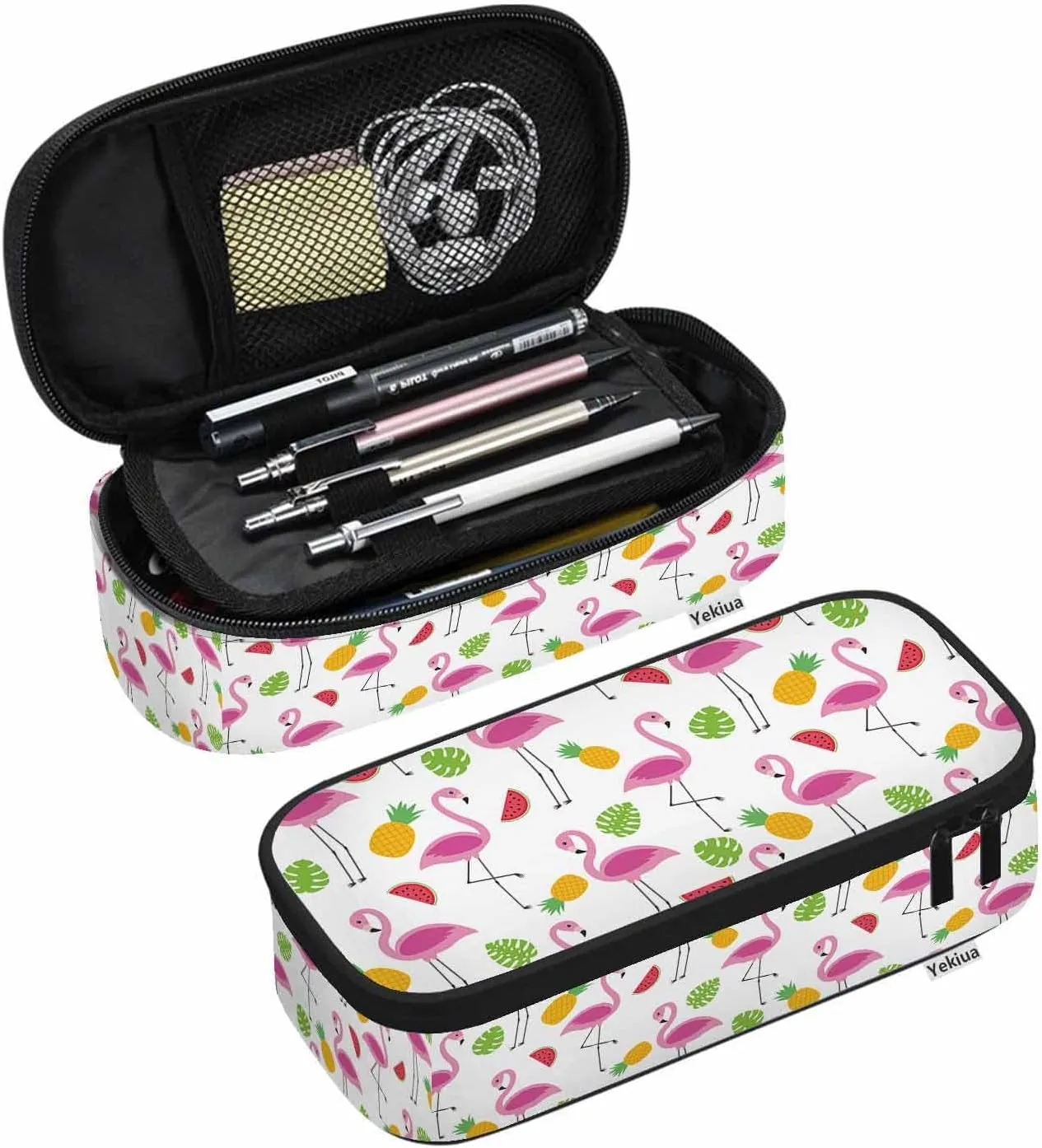 Yekiua Flamingos Pencil Holder Tropical Palm Pineapples Watermelons Big Capacity Pencil Case Multi-Purpose Makeup Pouch For Office College Adult