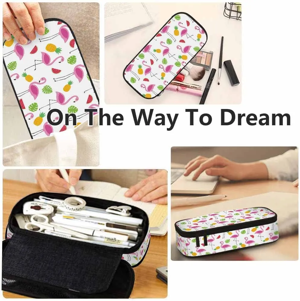 Yekiua Flamingos Pencil Holder Tropical Palm Pineapples Watermelons Big Capacity Pencil Case Multi-Purpose Makeup Pouch For Office College Adult