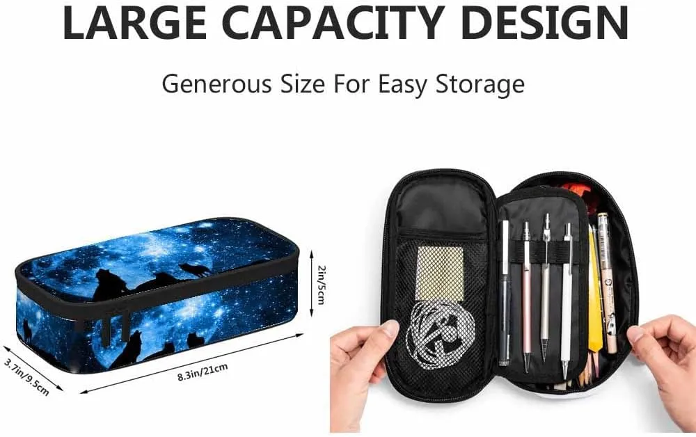 Yekiua Wolf Pen Bag Mountain Wolves Full Moon Starry Sky Large Pencil Case Big Capacity Pencil Pouch Pencil Holder