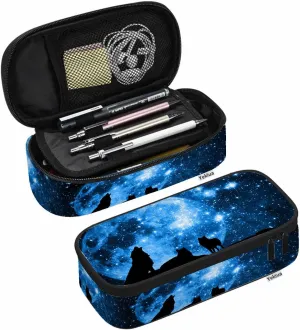 Yekiua Wolf Pen Bag Mountain Wolves Full Moon Starry Sky Large Pencil Case Big Capacity Pencil Pouch Pencil Holder