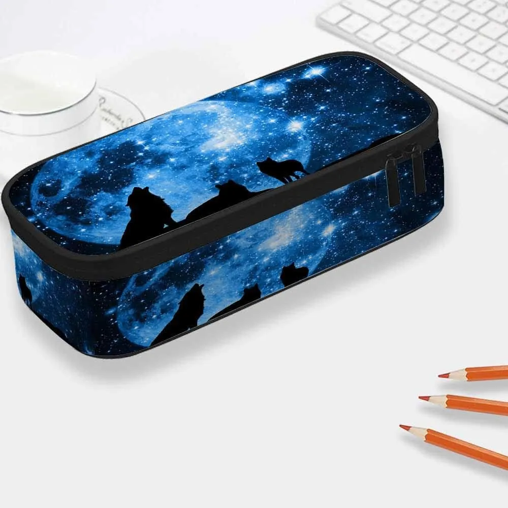 Yekiua Wolf Pen Bag Mountain Wolves Full Moon Starry Sky Large Pencil Case Big Capacity Pencil Pouch Pencil Holder