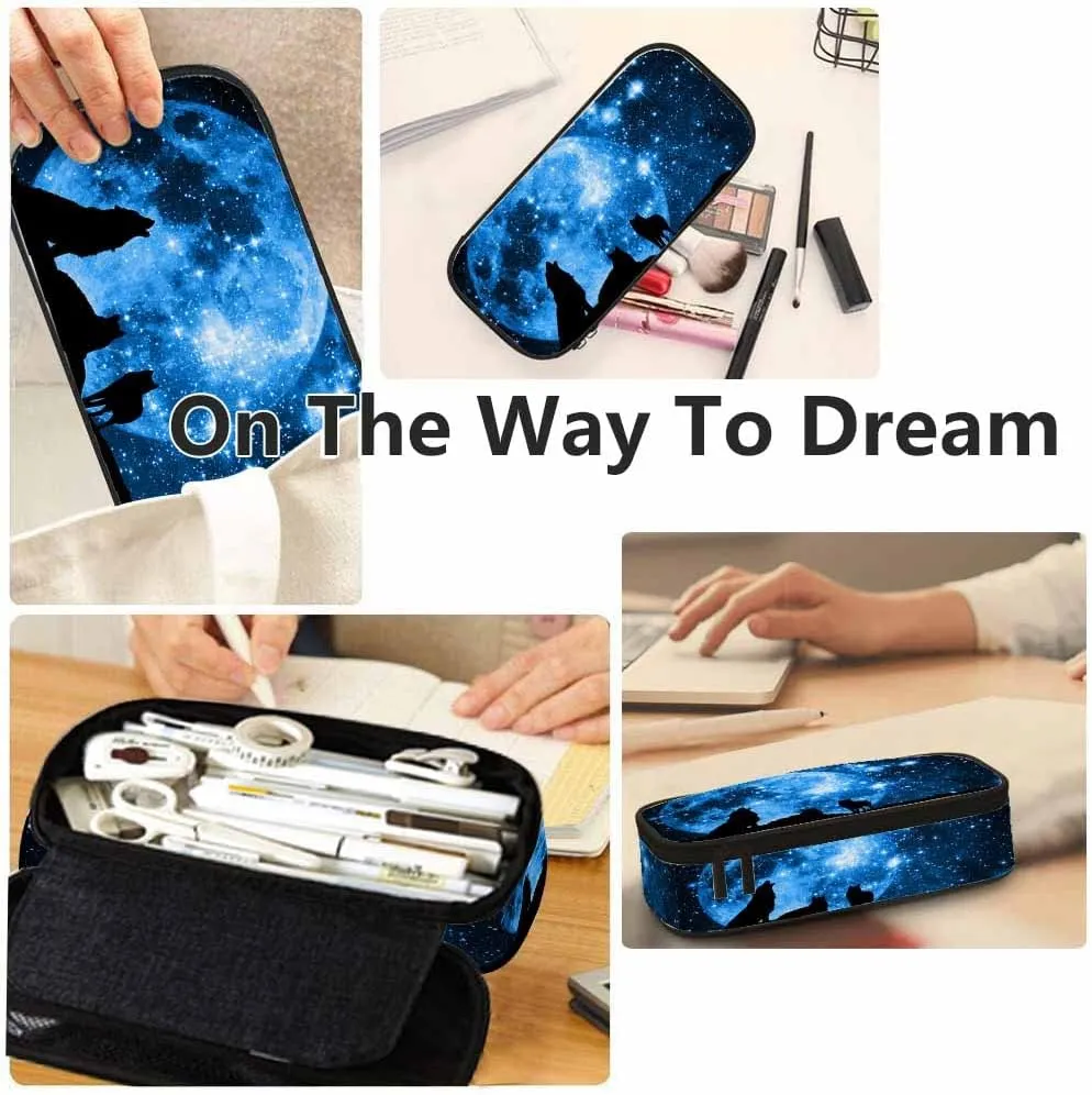 Yekiua Wolf Pen Bag Mountain Wolves Full Moon Starry Sky Large Pencil Case Big Capacity Pencil Pouch Pencil Holder