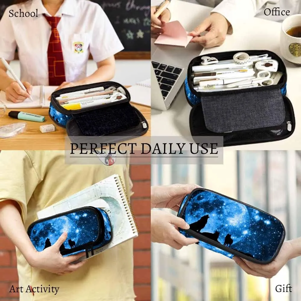 Yekiua Wolf Pen Bag Mountain Wolves Full Moon Starry Sky Large Pencil Case Big Capacity Pencil Pouch Pencil Holder