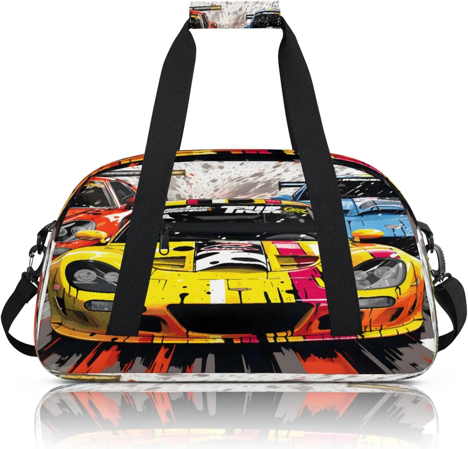 Yellow Racing Car Small Gym Bag 18 inch Carry On Duffel Bag for Weekender Travel Sports Workout Yoga Gymnastics Dance Ballet