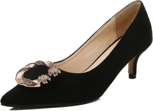 YHTootW Women's Classic Suede Pointed Toe Kitten Heels Slim Slip On High Heel Pumps with Big Gold Rhinestone Round Buckle Office Work Dress Shoes Low Heels