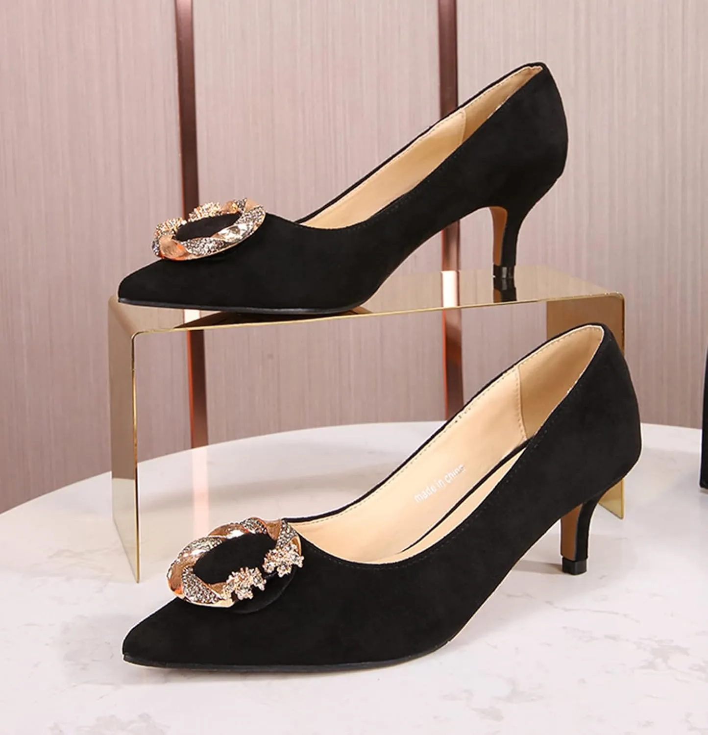 YHTootW Women's Classic Suede Pointed Toe Kitten Heels Slim Slip On High Heel Pumps with Big Gold Rhinestone Round Buckle Office Work Dress Shoes Low Heels