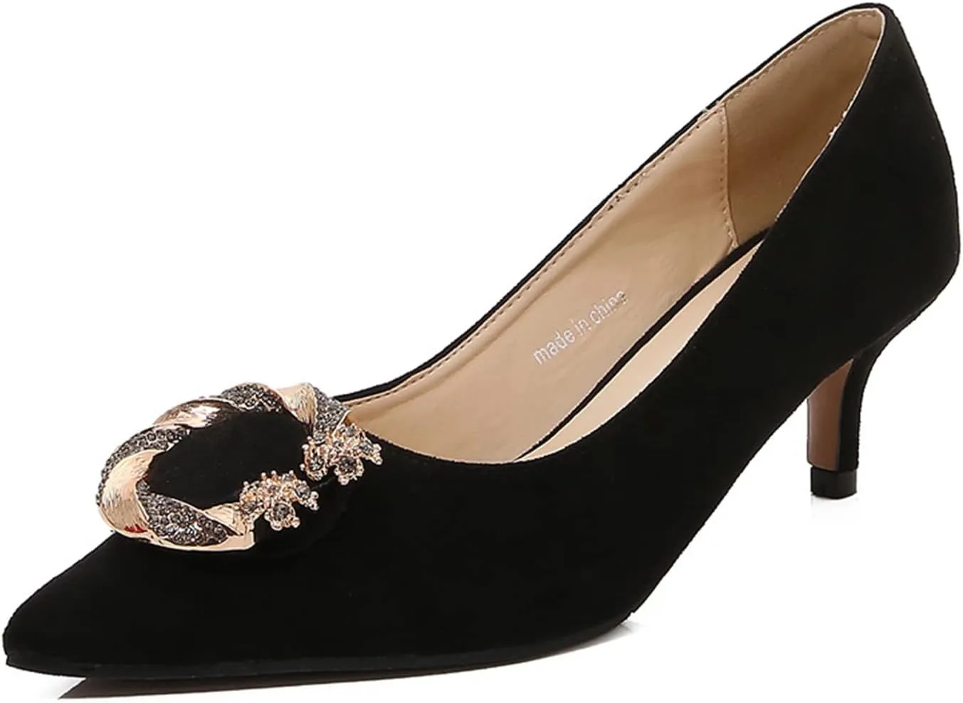 YHTootW Women's Classic Suede Pointed Toe Kitten Heels Slim Slip On High Heel Pumps with Big Gold Rhinestone Round Buckle Office Work Dress Shoes Low Heels