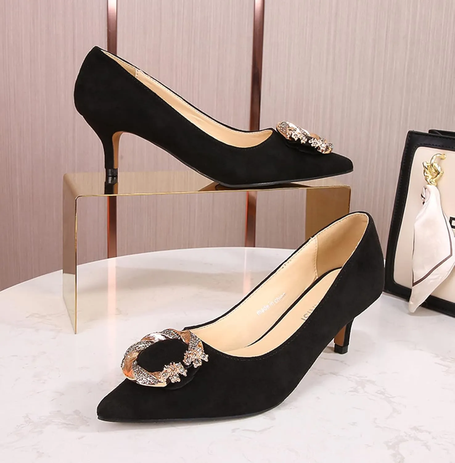 YHTootW Women's Classic Suede Pointed Toe Kitten Heels Slim Slip On High Heel Pumps with Big Gold Rhinestone Round Buckle Office Work Dress Shoes Low Heels